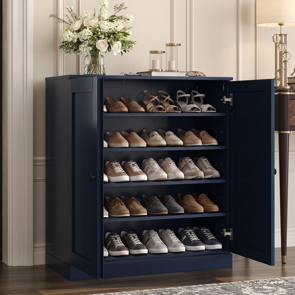 Navy Blue Twenty Pair Solid WoodShoe Storage Cabinet HomeRoots