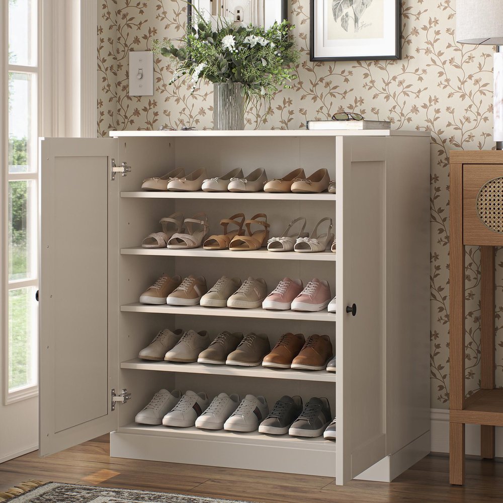 Off White Twenty Pair Solid WoodShoe Storage Cabinet — view 6