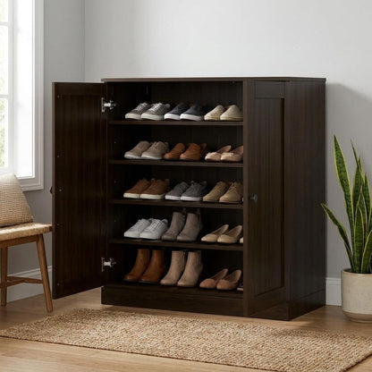 Espresso Twenty Pair Solid WoodShoe Storage Cabinet HomeRoots