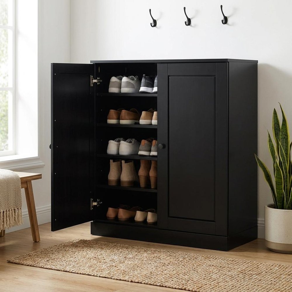 Black Twenty Pair Solid WoodShoe Storage Cabinet HomeRoots