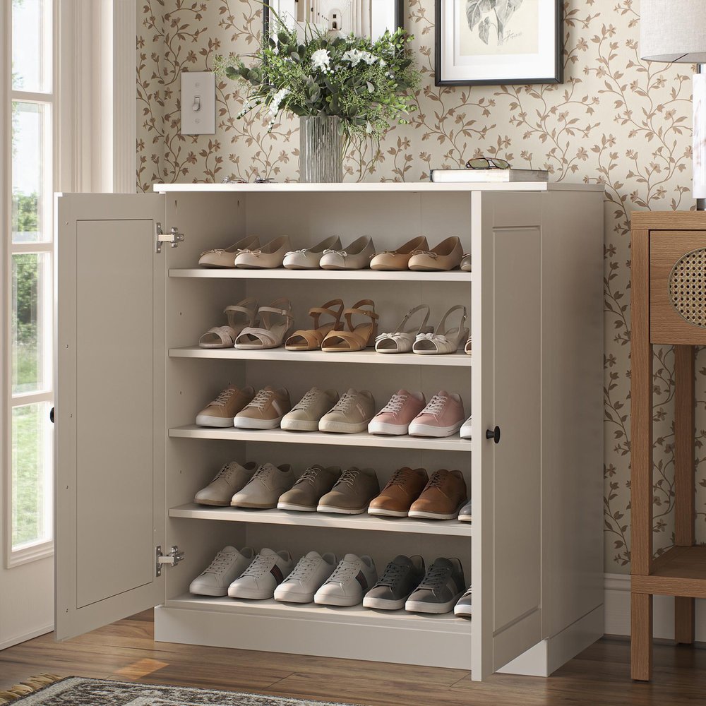 Off White Twenty Pair Solid WoodShoe Storage Cabinet HomeRoots