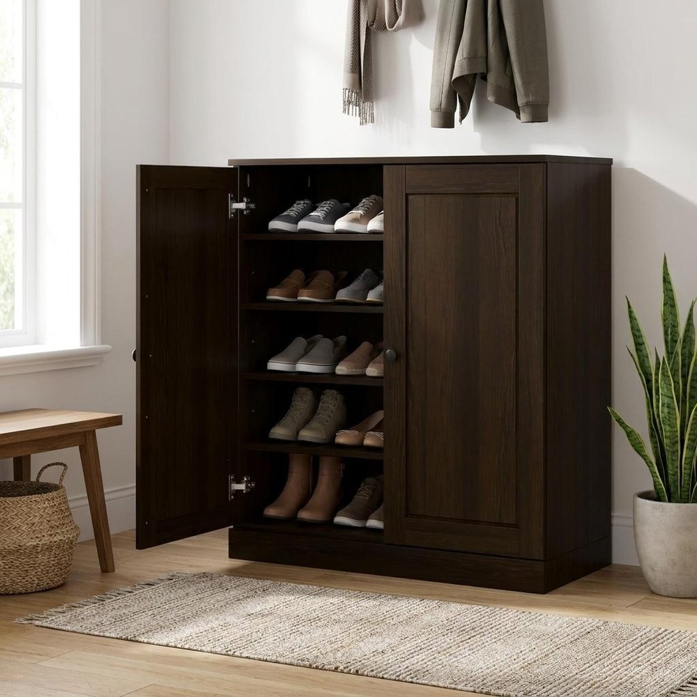 Espresso Twenty Pair Solid WoodShoe Storage Cabinet HomeRoots