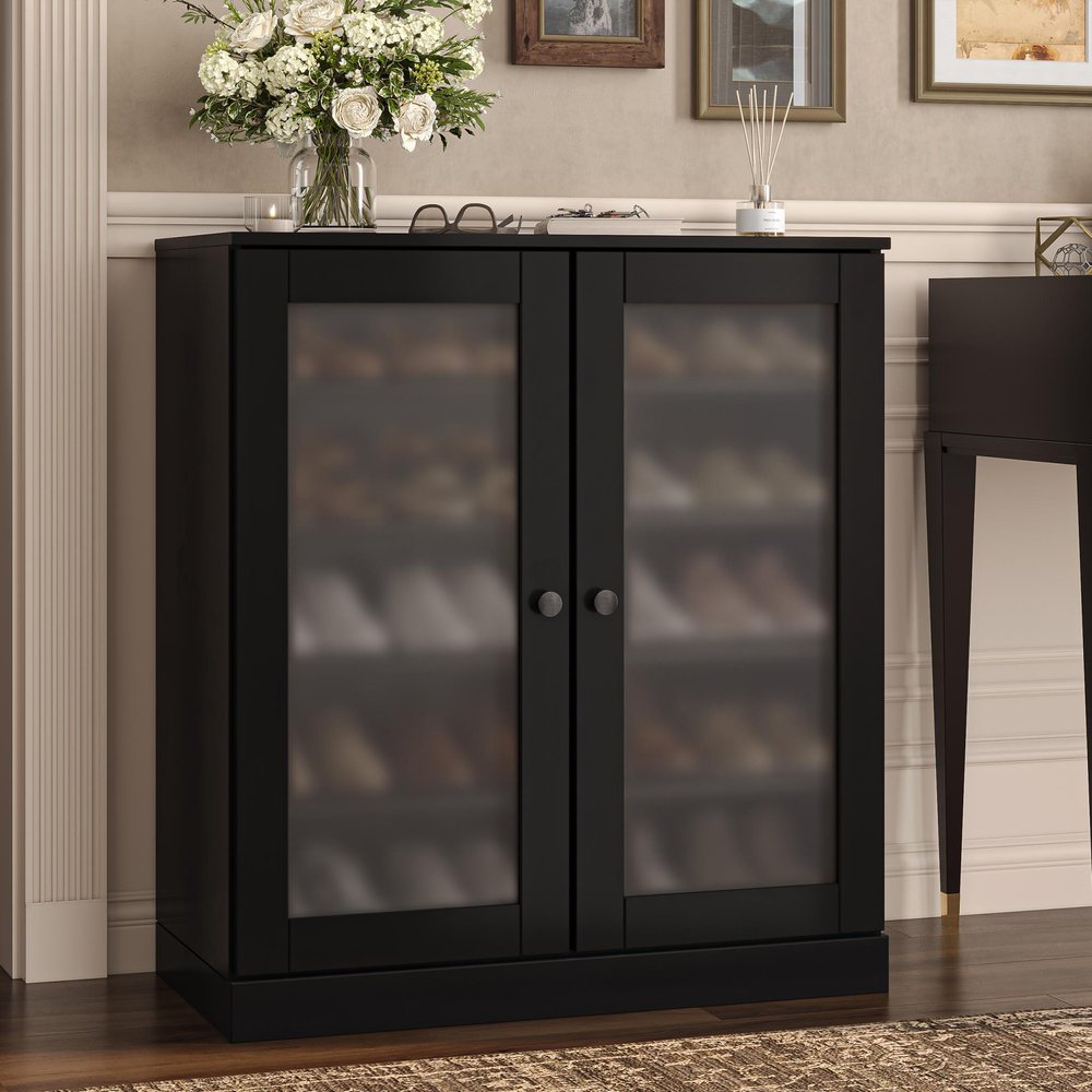 Black Twenty Pair Solid WoodShoe Storage Cabinet HomeRoots