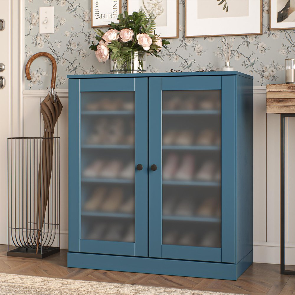 Teal Blue Twenty Pair Solid WoodShoe Storage Cabinet — view 6