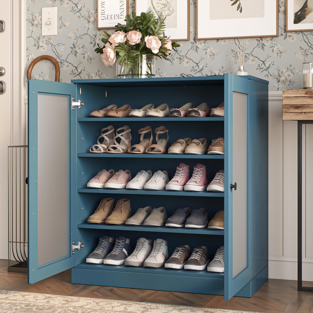 Teal Blue Twenty Pair Solid WoodShoe Storage Cabinet — view 7