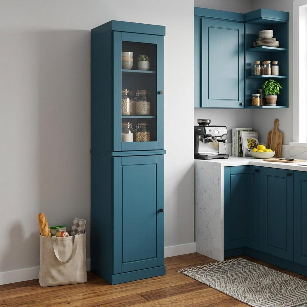 72" Teal Blue Solid Wood Two Door Pantry Or Storage Closet — view 1