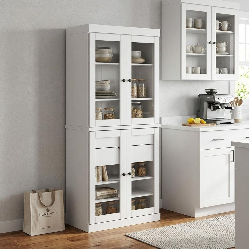 72" White Solid Wood Four Door Two Drawer Pantry Or Storage Closet — view 5