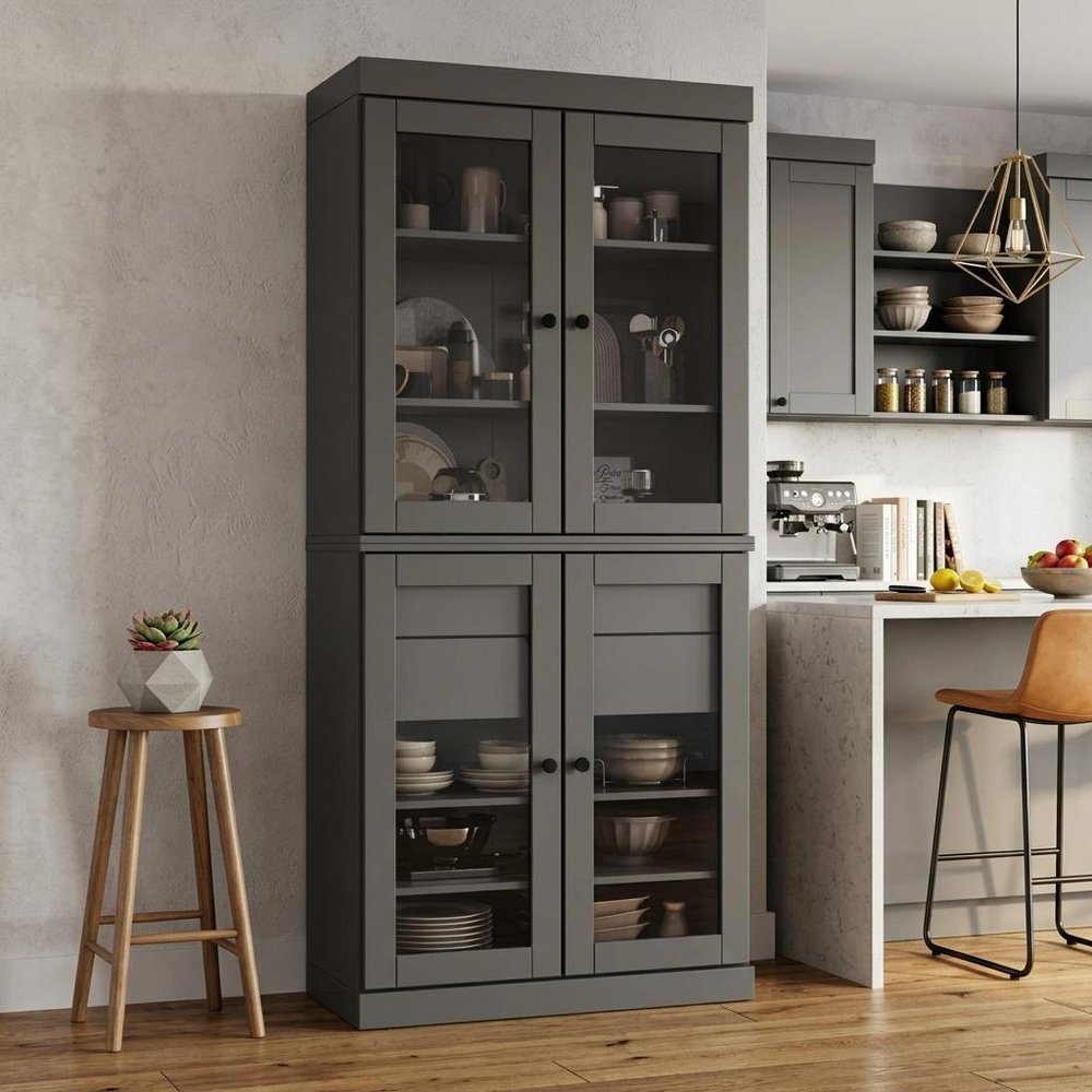 72" Gray Solid Wood Four Door Two Drawer Pantry Or Storage Closet — view 5