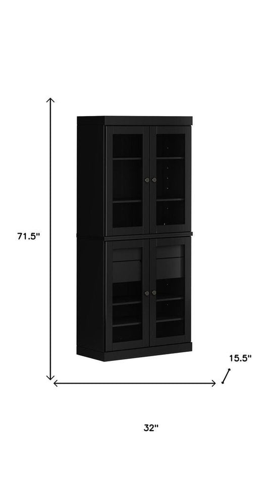 72" Black Solid Wood Four Door Two Drawer Pantry Or Storage Closet HomeRoots