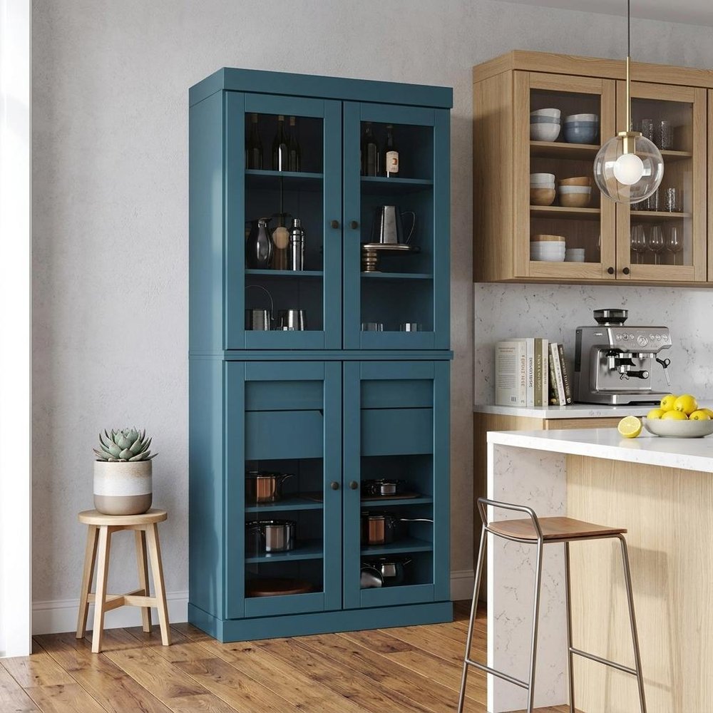 72" Teal Blue Solid Wood Four Door Two Drawer Pantry Or Storage Closet HomeRoots