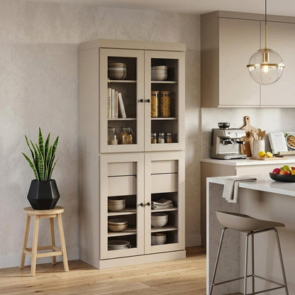 72" Beige Solid Wood Four Door Two Drawer Pantry Or Storage Closet HomeRoots