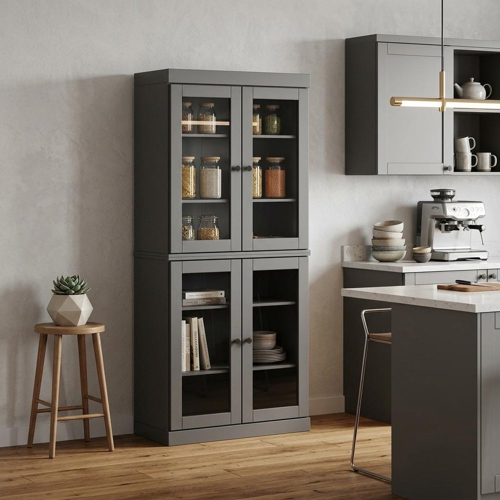 72" Gray Solid Wood Four Door Pantry Or Storage Closet — view 5