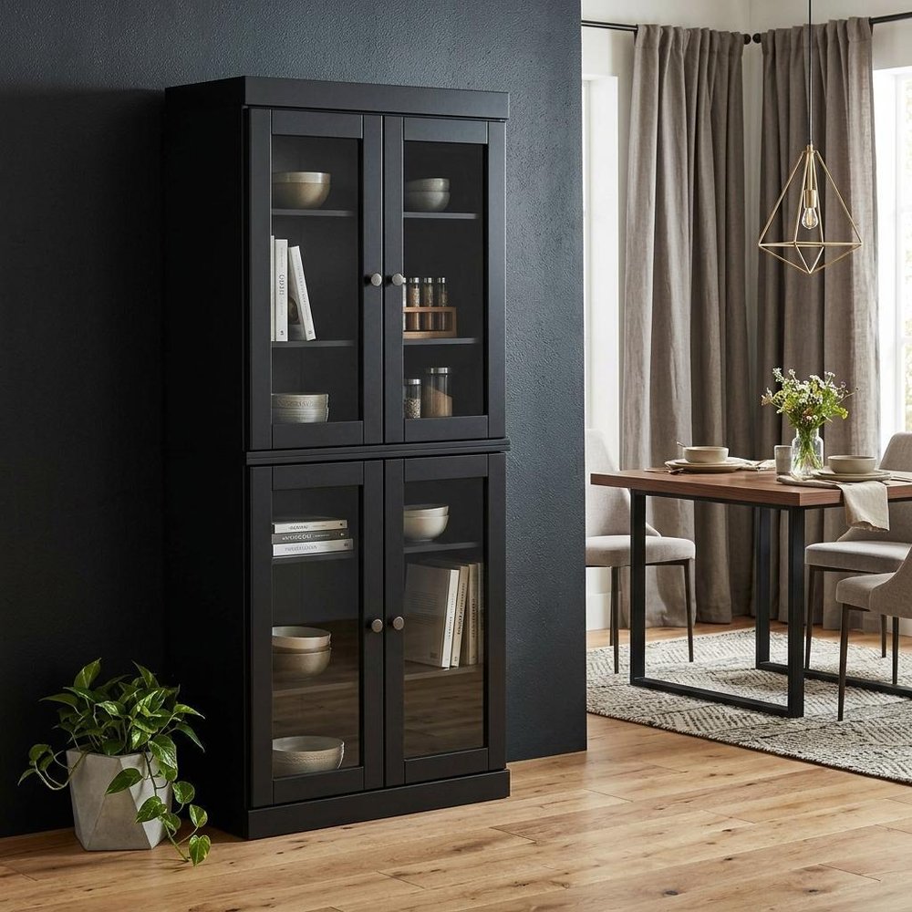 72" Black Solid Wood Four Door Pantry Or Storage Closet — view 4