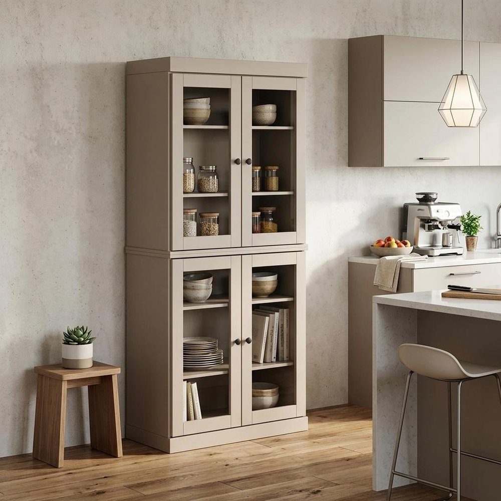 72" Beige Solid Wood Four Door Pantry Or Storage Closet — view 5
