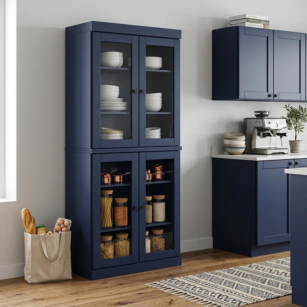 72" Navy Blue Solid Wood Four Door Pantry Or Storage Closet HomeRoots