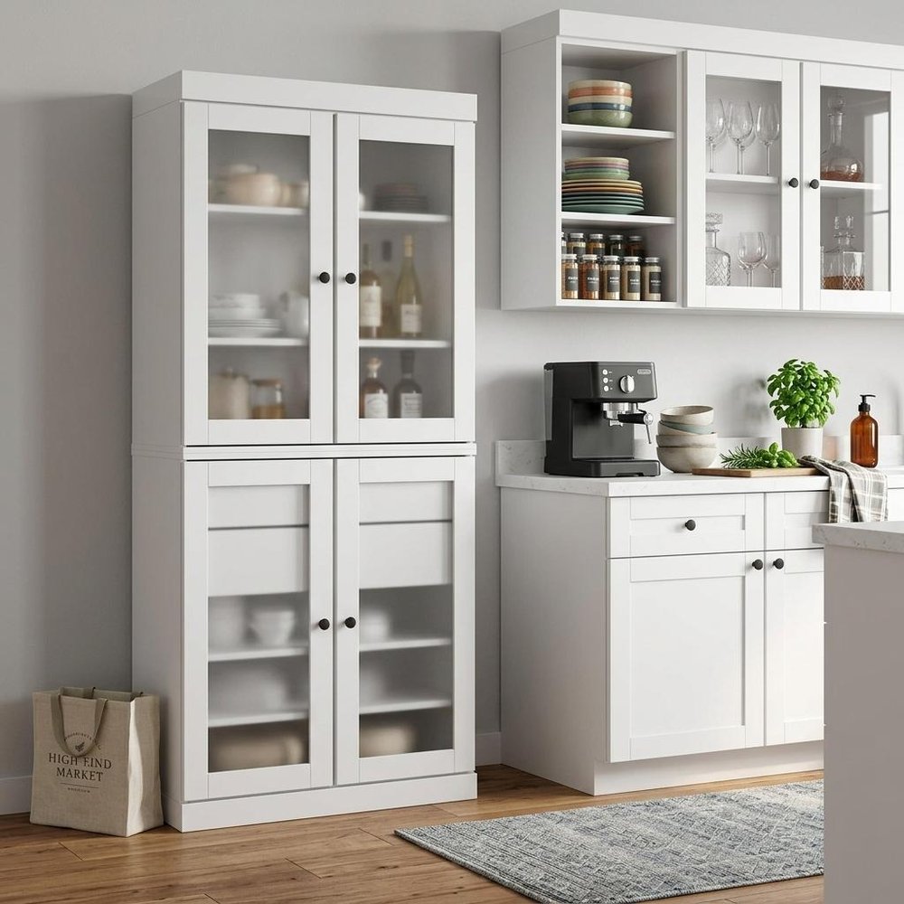 72" White Solid Wood Four Door Two Drawer Pantry Or Storage Closet HomeRoots