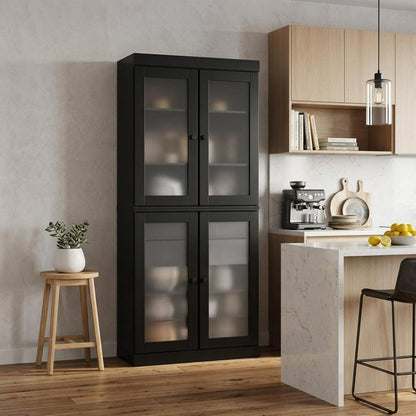 72" Black Solid Wood Four Door Two Drawer Pantry Or Storage Closet HomeRoots