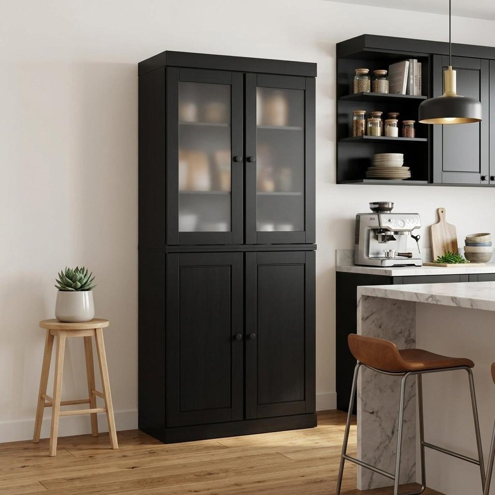 72" Black Solid Wood Four Door Pantry Or Storage Closet — view 6