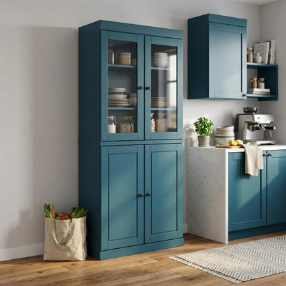 72" Teal Blue Solid Wood Four Door Pantry Or Storage Closet HomeRoots