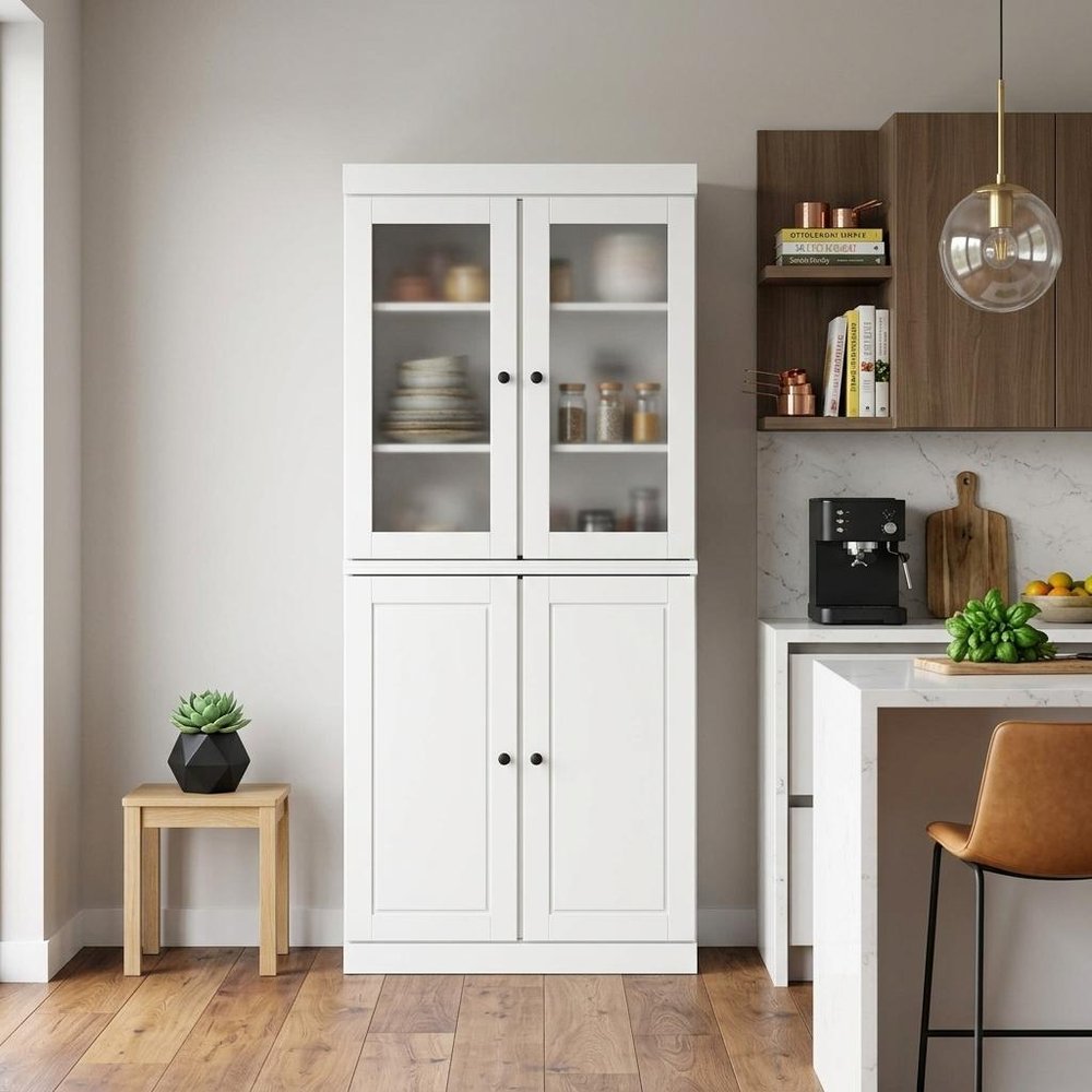 72" White Solid Wood Four Door Two Drawer Pantry Or Storage Closet — view 3