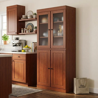 72" Coffee Solid Wood Four Door Two Drawer Pantry Or Storage Closet HomeRoots