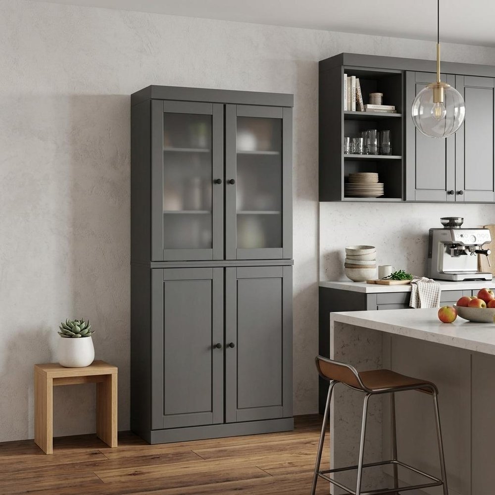 72" Gray Solid Wood Four Door Two Drawer Pantry Or Storage Closet — view 6