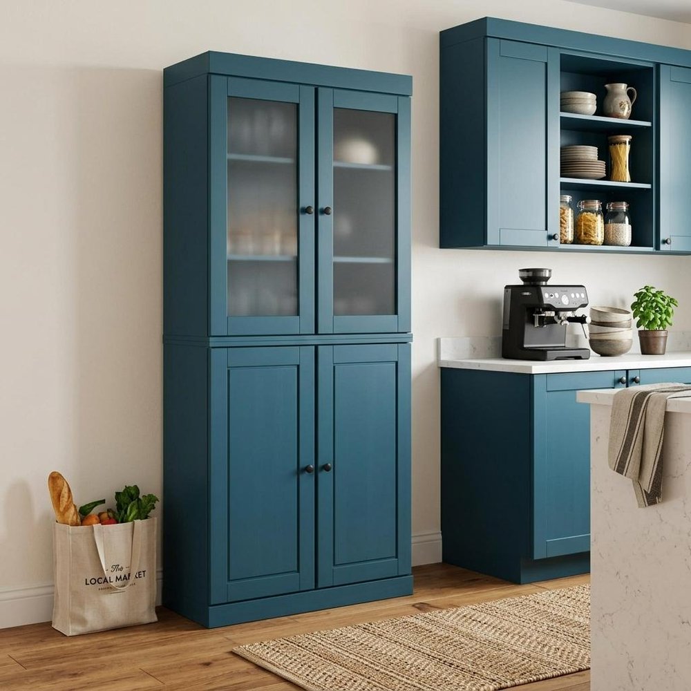 72" Teal Blue Solid Wood Four Door Two Drawer Pantry Or Storage Closet — view 6