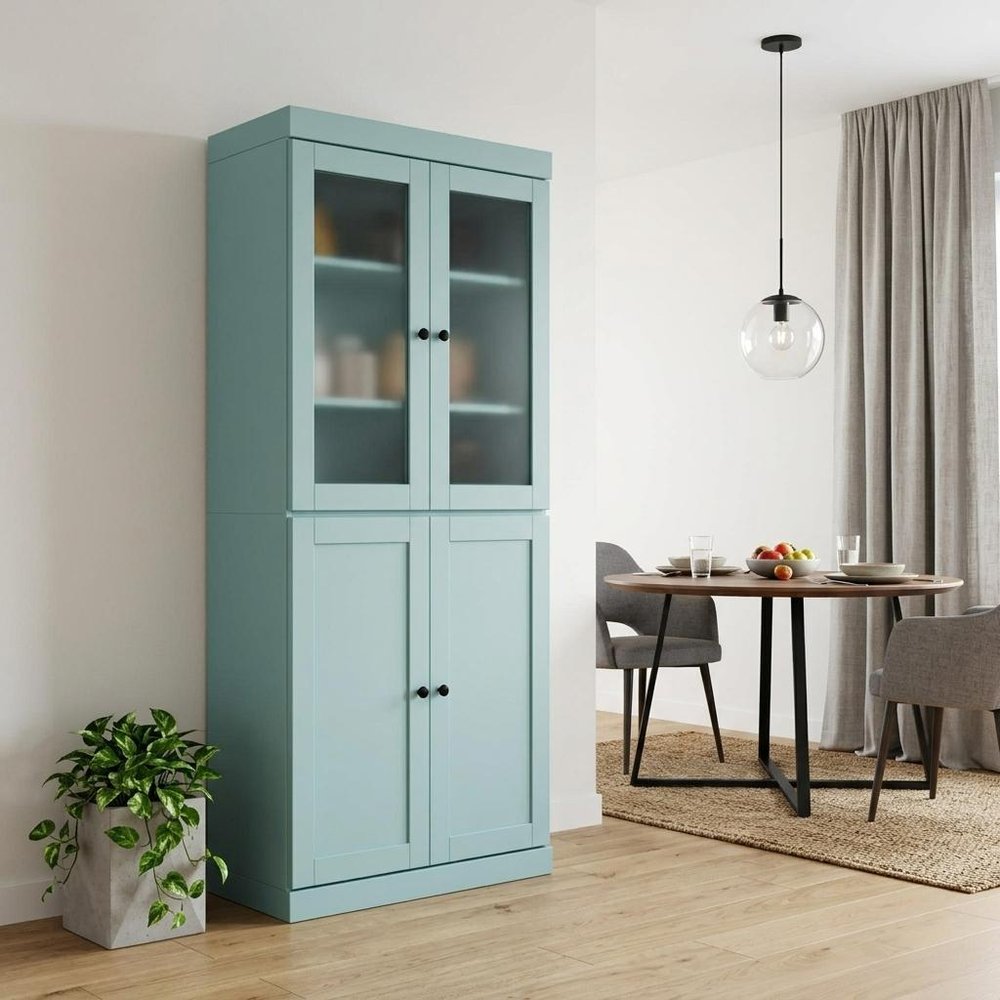 72" Aqua Solid Wood Four Door Pantry Or Storage Closet HomeRoots