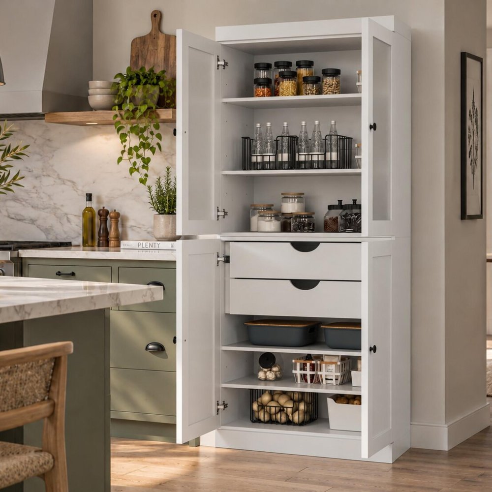 72" White Solid Wood Four Door Two Drawer Pantry Or Storage Closet HomeRoots