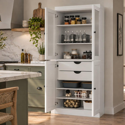 72" White Solid Wood Four Door Two Drawer Pantry Or Storage Closet HomeRoots