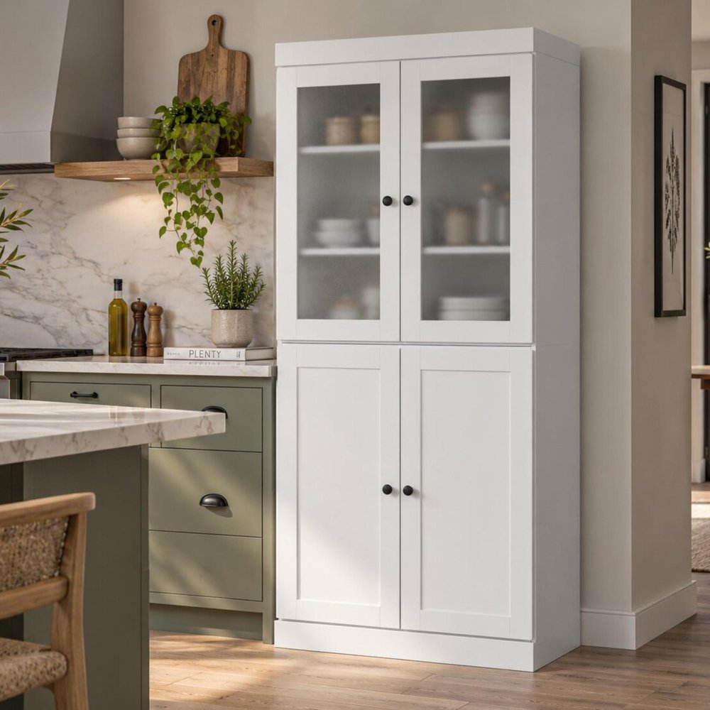 72" White Solid Wood Four Door Two Drawer Pantry Or Storage Closet — view 5