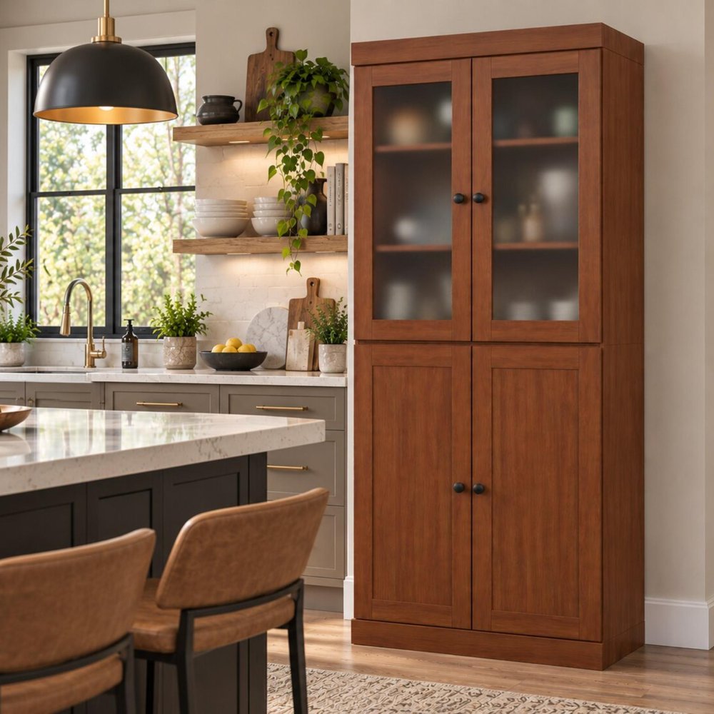 72" Coffee Solid Wood Four Door Two Drawer Pantry Or Storage Closet HomeRoots