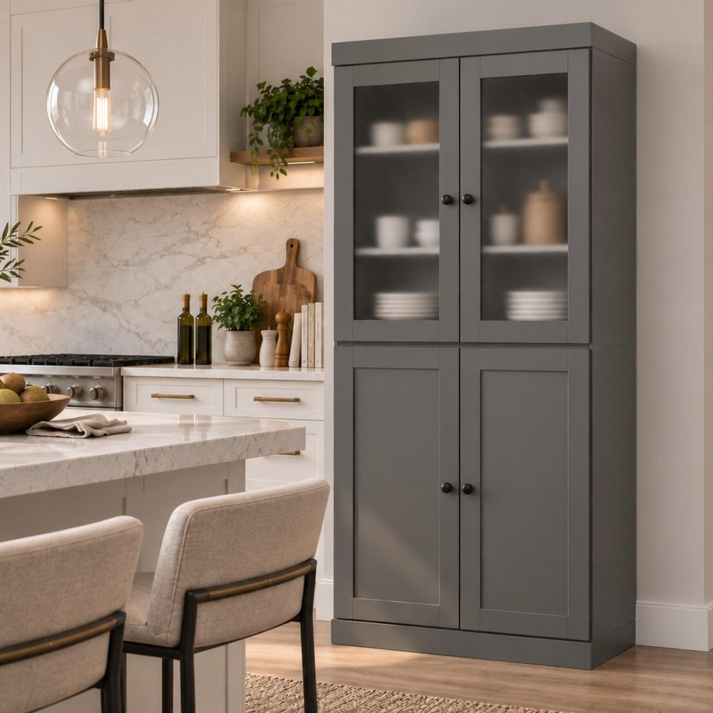 72" Gray Solid Wood Four Door Two Drawer Pantry Or Storage Closet HomeRoots