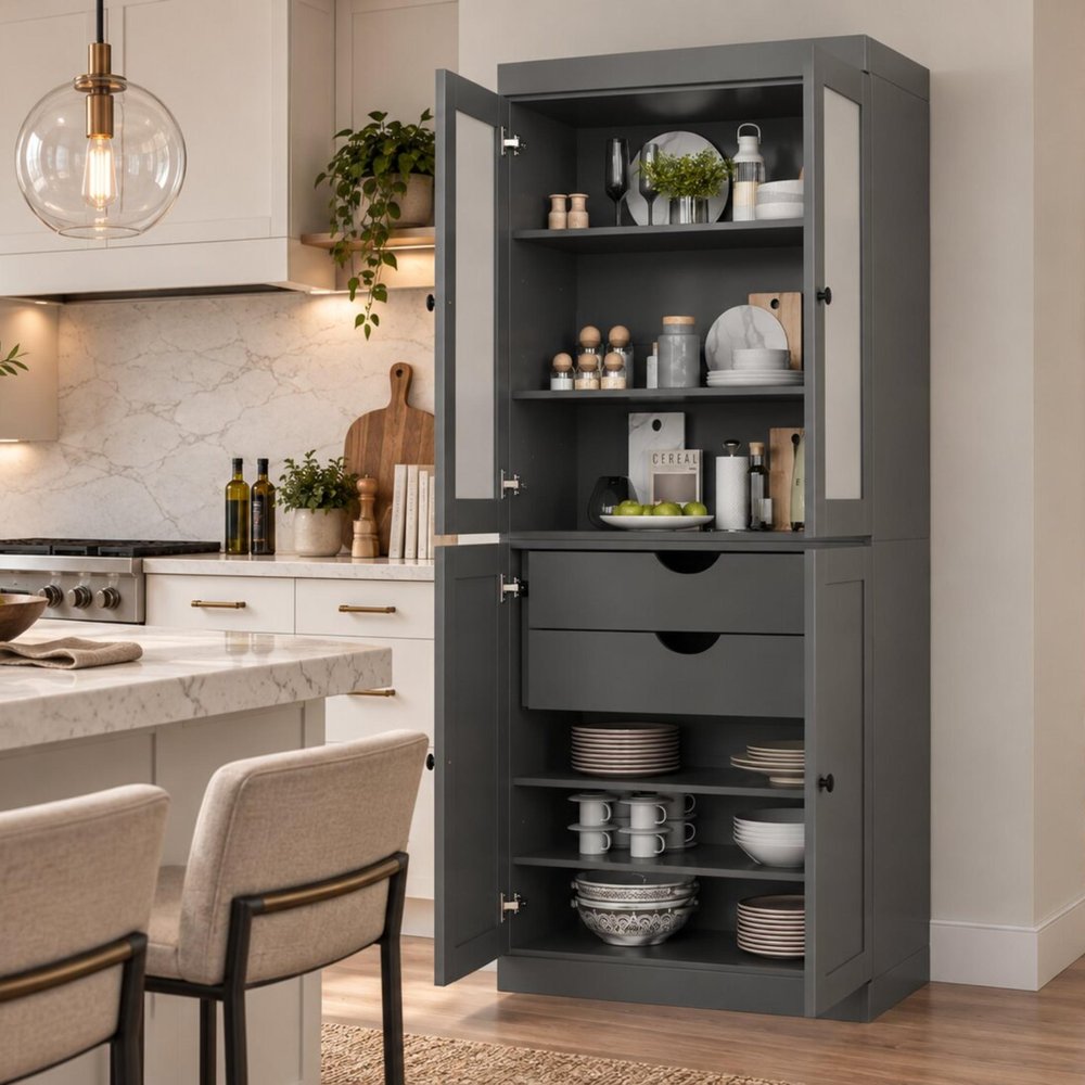 72" Gray Solid Wood Four Door Two Drawer Pantry Or Storage Closet — view 7