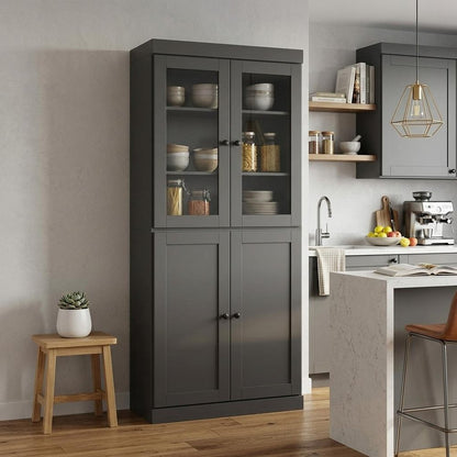 72" Gray Solid Wood Four Door Two Drawer Pantry Or Storage Closet HomeRoots