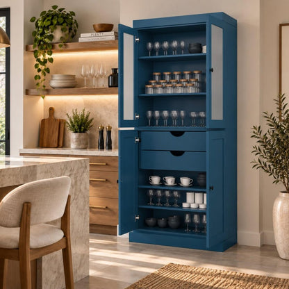 72" Teal Blue Solid Wood Four Door Two Drawer Pantry Or Storage Closet HomeRoots