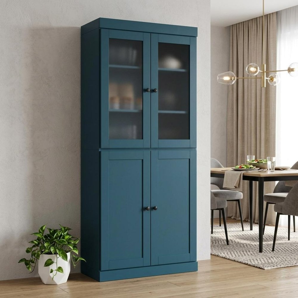 72" Teal Blue Solid Wood Four Door Two Drawer Pantry Or Storage Closet HomeRoots