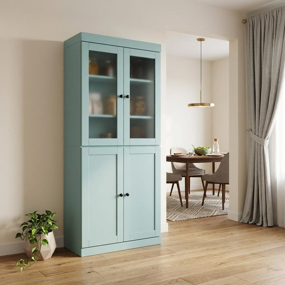 72" Aqua Solid Wood Four Door Two Drawer Pantry Or Storage Closet — view 5