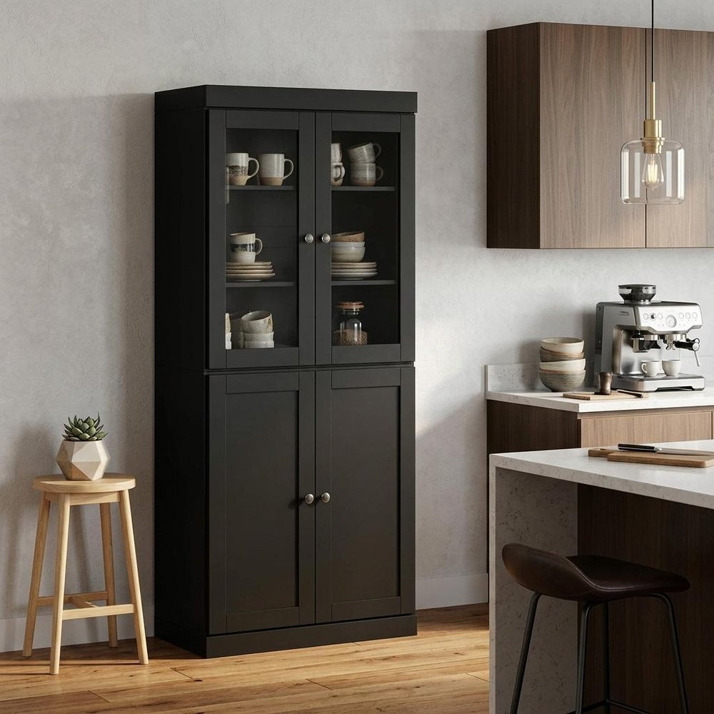 72" Black Solid Wood Four Door Pantry Or Storage Closet HomeRoots