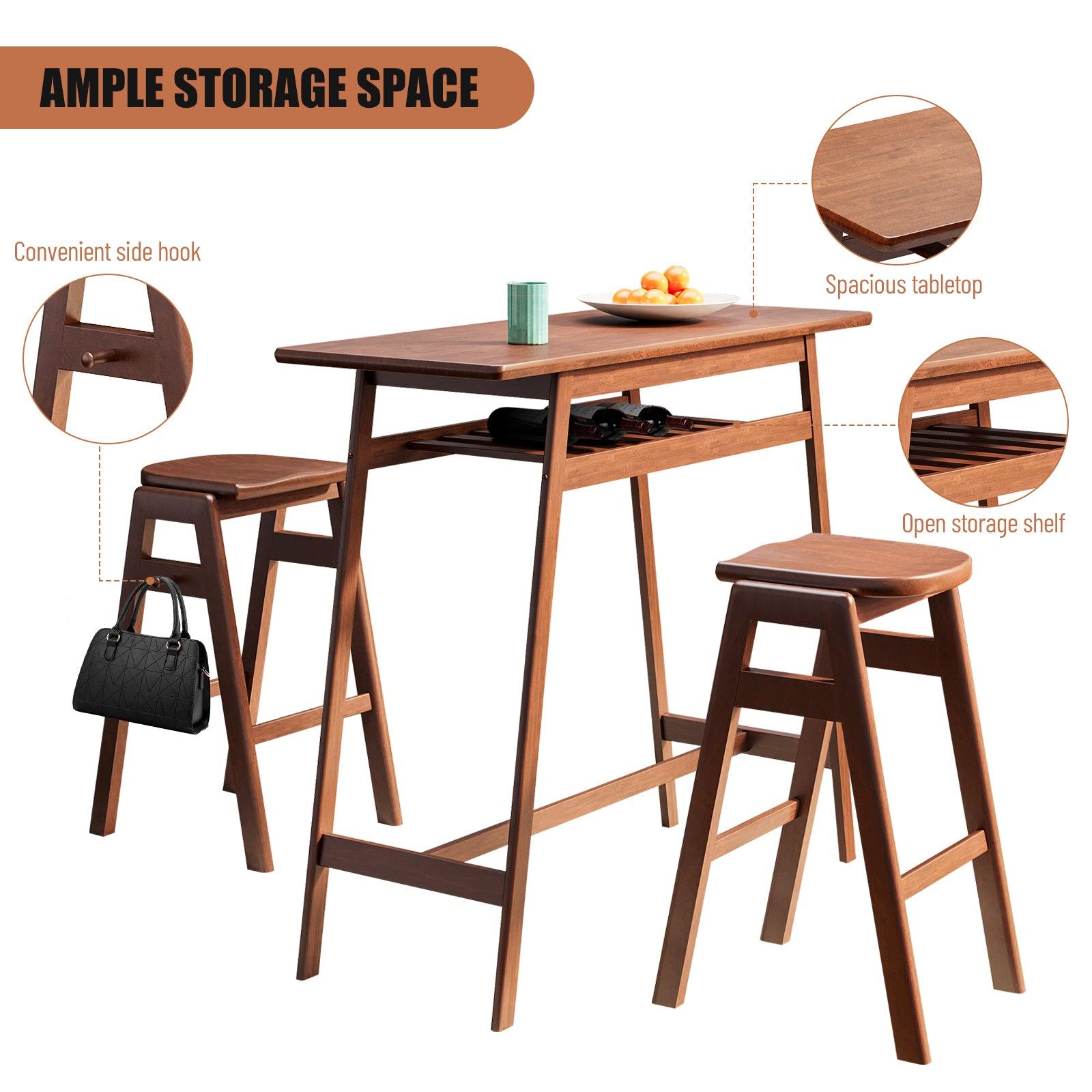 3 PCS Pub Dining Set Retro Bar Table Rubber Wood Stackable Backless High Stool for 2 - FurniFindUSA