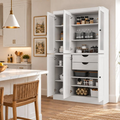 72" White Solid Wood Six Door Two Drawer Pantry Or Storage Closet HomeRoots