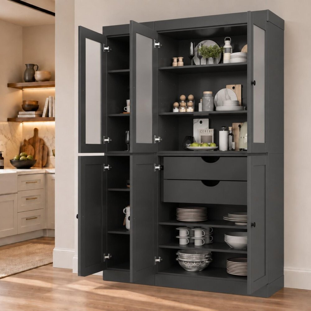 72" Gray Solid Wood Six Door Two Drawer Pantry Or Storage Closet — view 4