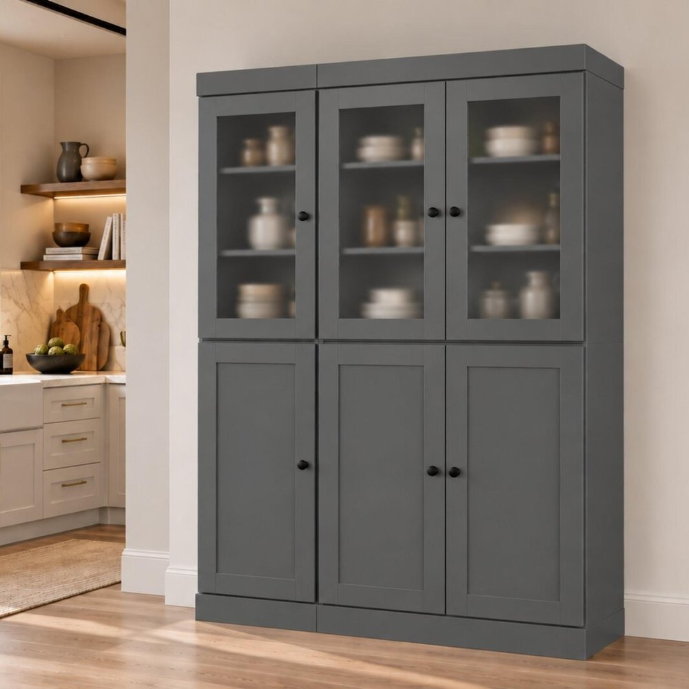 72" Gray Solid Wood Six Door Two Drawer Pantry Or Storage Closet HomeRoots