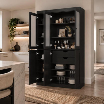 72" Black Solid Wood Six Door Two Drawer Pantry Or Storage Closet HomeRoots