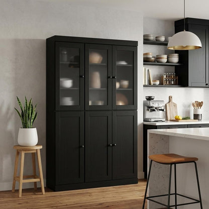 72" Black Solid Wood Six Door Two Drawer Pantry Or Storage Closet