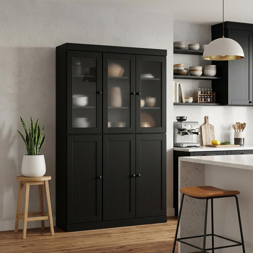 72" Black Solid Wood Six Door Two Drawer Pantry Or Storage Closet HomeRoots