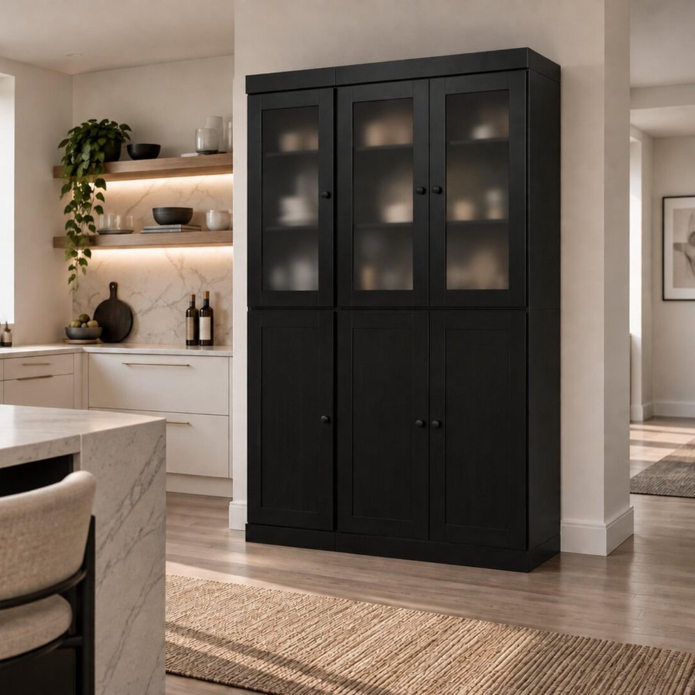 72" Black Solid Wood Six Door Two Drawer Pantry Or Storage Closet HomeRoots