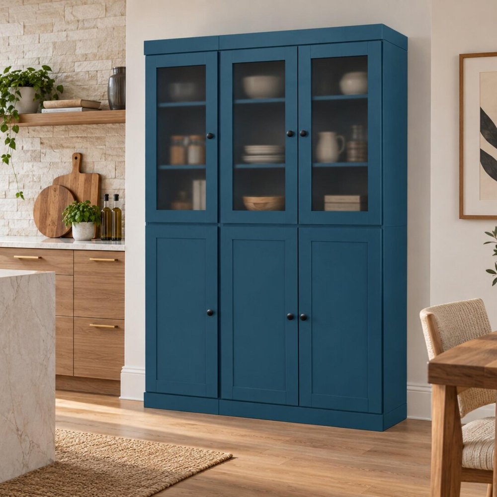 72" Teal Blue Solid Wood Six Door Two Drawer Pantry Or Storage Closet HomeRoots
