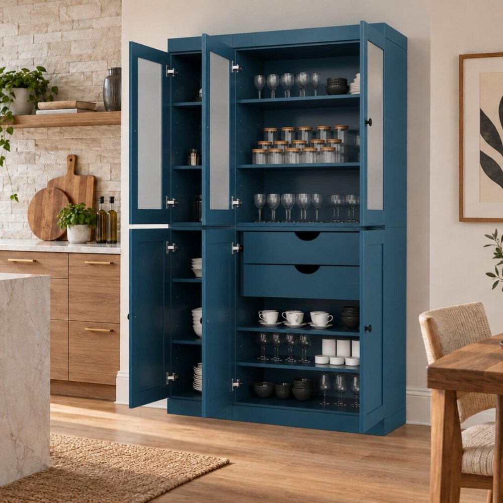 72" Teal Blue Solid Wood Six Door Two Drawer Pantry Or Storage Closet HomeRoots