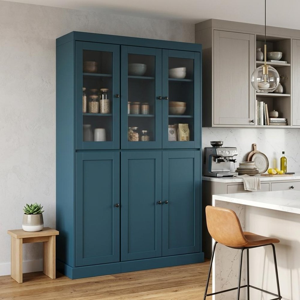 72" Teal Blue Solid Wood Six Door Two Drawer Pantry Or Storage Closet — view 3